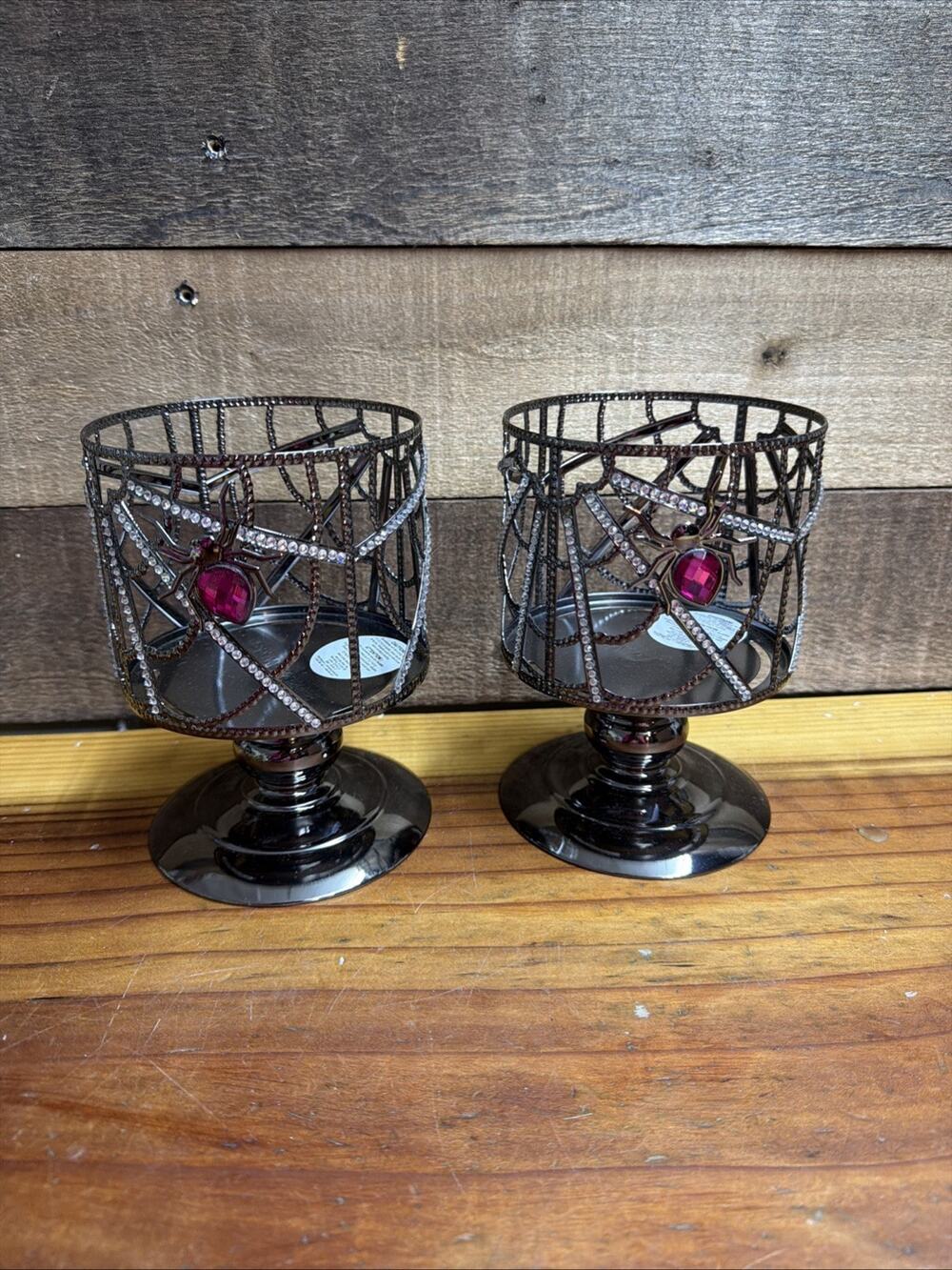 Bath Body Works Halloween Pedestal 3 Wick Candle Holder x 2 Jeweled Spider Web